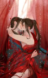 2boys absurdres ahoge alternate_costume bare_legs bare_shoulders black_hair bloodybeni blush brown_hair chinese_clothes chinese_wedding closed_eyes commission couple curtains dress eyelashes french_kiss from_side hair_ribbon hanfu headband highres hug implied_sex kiss lan_wangji long_hair long_sleeves male_focus modao_zushi multiple_boys naked_robe off_shoulder partially_undressed ponytail red_hanfu red_headband red_ribbon red_robe ribbon robe sample_watermark sidelocks single_bare_shoulder sitting sitting_on_person straddling tassel tongue tongue_out upright_straddle watermark wedding_dress wei_wuxian yaoi