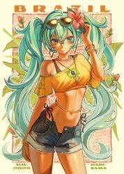 1girl :d aqua_eyes aqua_hair arm_at_side arm_up artist_name black_ribbon border brazilian_flag brazilian_flag_print brazilian_miku collar commentary cowboy_shot cross dated denim denim_shorts english_commentary eyewear_on_head flag_print floral_background flower grin hair_flower hair_ornament hand_in_own_hair hatsune_miku highres jewelry latin_cross looking_at_viewer naniwoou navel open_fly open_mouth pink_flower print_shirt ribbon shirt short_shorts shorts single-shoulder_shirt smile solo standing stomach sunglasses tan twintails vocaloid white_border yellow_shirt