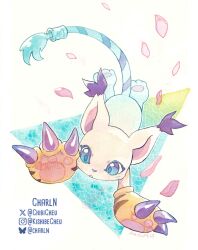 animal_hands blue_eyes bluesky_username body_fur cat cherry_blossoms chibicheu commentary digimon digimon_(creature) english_commentary full_body gloves paw_gloves petals tailmon twitter_username white_fur