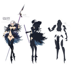 Rule 34 | 1girl, armor, bare shoulders, black gloves, black hair, black mask, black panties, black sleeves, black thighhighs, bracelet, breastplate, breasts, reference sheet, detached sleeves, feather trim, fingerless gloves, full body, fur trim, gloves, grey hair, hair between eyes, highres, holding, holding polearm, holding weapon, jewelry, leg armor, mask, medium breasts, mins (minevi), multicolored hair, navel, panties, pelvic curtain, pixiv fantasia, pixiv fantasia t, polearm, short hair, streaked hair, thighhighs, underwear, weapon, yellow eyes