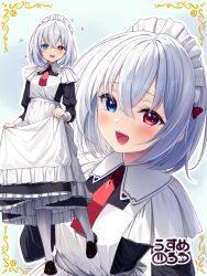 1girl :d apron black_dress blush brown_shoes collared_dress commentary_request commission dress frilled_apron frills grey_hair hair_between_eyes heterochromia highres juliet_sleeves loafers long_sleeves looking_at_viewer maid maid_apron maid_headdress multiple_views open_mouth original pantyhose pixiv_commission puffy_sleeves shoes skirt_hold smile standing standing_on_one_leg translation_request usume_shirou white_apron white_pantyhose