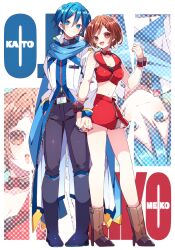 1boy 1girl :d black_boots black_bra black_pants black_wrist_cuffs blue_eyes blue_hair blue_nails blue_scarf blue_wrist_cuffs boots bra breasts brown_boots brown_eyes brown_hair character_name cleavage coat collarbone crop_top detached_collar full_body hand_in_pocket highres holding_hands interlocked_fingers kaho_0102 kaito_(vocaloid) knee_boots long_coat long_sleeves looking_at_viewer medium_breasts meiko_(vocaloid) midriff miniskirt navel open_mouth pants red_nails red_skirt scarf short_hair skirt smile standing stomach underwear vocaloid white_coat wrist_cuffs