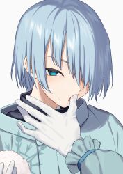 1boy absurdres blue_eyes blue_hair blue_jacket eating food food_on_face frilled_sleeves frills fubuki_(nige_jouzu_no_wakagimi) gloves hair_over_one_eye highres holding holding_food jacket long_sleeves looking_at_viewer male_focus nige_jouzu_no_wakagimi omiyacha onigiri open_mouth short_hair simple_background upper_body white_background white_gloves