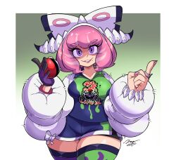 Rule 34 | 1girl, 2025, alternate breast size (larger), artist logo, asymmetrical legwear, black trim, border, bow, breasts, cleavage, coat, collarbone, collared shirt, commentary, contrapposto, drill hair, dynamax band, english commentary, evil grin, evil smile, eyeshadow, female focus, fingernails, flipped hair, fur coat, gloves, gradient background, green background, green shirt, green shorts, green thighhighs, grin, hairband, head tilt, highres, holding, holding poke ball, index finger raised, jewelry, klara (pokemon), lace trim, logo, lonercroissant, medium breasts, mismatched legwear, mole, mole under mouth, nintendo, outside border, pink eyeshadow, pink hair, pink lips, pink nails, poke ball, poke ball (basic), pokemon, pokemon swsh, print shirt, print shorts, purple eyes, purple glove, purple thighhighs, ring, sharp fingernails, shirt, shorts, side slit, side slit shorts, single glove, skindentation, smile, solo, thick thighs, thighhighs, thighs, two-tone thighhighs, v-shaped eyebrows, white bow, white coat, white hairband