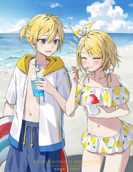 1boy 1girl artist_name beach bikini blonde_hair blue_eyes blue_shorts blue_sky blush bow_hairband closed_eyes closed_mouth cloud commentary cowboy_shot ctd_114 cup day drink drinking_straw eating food hair_ornament hairband hairclip highres holding holding_cup holding_food holding_spoon holding_swim_ring hood hood_down hoodie innertube kagamine_len kagamine_rin nail_polish navel ocean off-shoulder_bikini off_shoulder open_clothes open_hoodie open_mouth outdoors parallel_hairclips shaved_ice short_hair shorts sky smile spoon standing sweatdrop swim_ring swimsuit trembling vocaloid watermark white_bikini white_hairband white_hoodie yellow_hood