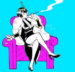 1girl 2017 armchair black_hair blue_background blue_eyes chair circlet coat crossed_legs cup dress drinking_glass eliza_(skullgirls) female_focus fur_coat high_heels pow3776 short_hair sitting skullgirls smoking solo wrist_cuffs