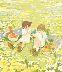 2boys :d animal animal_on_arm apple bird bird_on_arm blue_bird bread brown_hair brown_shoes child commentary day field flower flower_field food fruit grapes male_focus multiple_boys no_lineart open_mouth original outdoors rabbit retro_nakamura shirt shoes short_hair short_sleeves shorts signature sitting smile socks symbol-only_commentary white_flower white_shirt white_shorts yellow_flower
