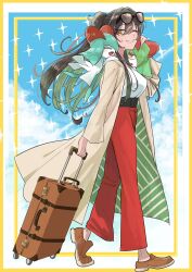1girl alternate_color black_hair blue_hair brown_shoes crossover eyewear_on_head gen_3_pokemon green_hair hair_between_eyes highres horns idolmaster idolmaster_shiny_colors kirlia long_hair nintendo on_shoulder one_eye_closed pants parted_lips pokemon pokemon_(creature) pokemon_on_shoulder ponytail red_pants shiny_pokemon shirase_sakuya shoes sidelocks smile sparkle tsukuda_hayato