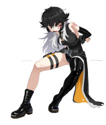 Rule 34 | 1girl, absurdres, ankle boots, arms behind back, bare shoulders, black boots, black coat, black gloves, black hair, blood, blood on face, bodysuit, boots, bound, bound wrists, breasts, buckle, coat, commentary, elbow gloves, fingerless gloves, full body, glaring, gloves, goddess of victory: nikke, hair between eyes, highres, invisible chair, k (nikke), large breasts, long hair, looking at viewer, multicolored hair, open mouth, orange eyes, pouch, sharp teeth, sidelocks, simple background, single leg bodysuit, sitting, skindentation, sleeveless, sleeveless bodysuit, snap-fit buckle, solo, teeth, thigh pouch, wge, white background, white hair