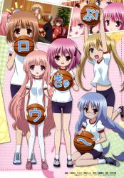 Rule 34 | 10s, 5girls, absurdres, ball, basketball, basketball (object), bike shorts, blonde hair, blue hair, blush, brown eyes, brown hair, buruma, fang, glasses, green eyes, gym uniform, hair ribbon, hakamada hinata, highres, kashii airi, kneeling, kosuge kazuhisa, legs, long hair, minato tomoka, misawa maho, multiple girls, nagatsuka saki, non-web source, open mouth, pink eyes, pink hair, ponytail, purple eyes, ribbon, rou-kyuu-bu!, short hair, side ponytail, socks, thighhighs, twintails, very long hair, white legwear