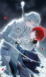 2boys absurdres ahoge aotsuki_eito arm_around_shoulder black_gloves black_hair blue_eyes flower glasses gloves highres holding_hands long_sleeves looking_at_another looking_down looking_up male_focus messy_hair multiple_boys open_mouth parted_hair purple_eyes red_hair standing sumino_takumi the_hundred_line_-last_defense_academy- white_hair yaoi
