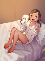 1girl :d barefoot bed bed_sheet blush brown_eyes brown_hair cellphone clenched_hand collarbone es eyebrows eyelashes female_focus hair_ornament hairclip happy highres holding holding_phone idolmaster idolmaster_cinderella_girls legs legs_together loli long_hair looking_at_viewer muk_(monsieur) on_bed open_mouth phone pillow shuto_aoi sitting smile solo teeth upper_teeth_only