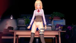 1girl 3d animated aoi_nabi audible_music blonde_hair blue_eyes blush clothes_lift dancing hololive hololive_english holomyth koikatsu_(medium) meme microskirt music no_panties pussy shirt skirt skirt_lift solo sound swaying thigh_strap thighhighs video virtual_youtuber wataamage watson_amelia