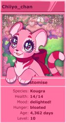 :3 animal animal_focus bird blue_eyes bow commentary creature creature_focus english_commentary english_text eyelashes gameplay_mechanics highres kougra neopet_(creature) neopets no_humans open_mouth original outdoors pink_fur pink_theme red_bow salemsevern solo_focus sparkling_eyes stats through_medium tiger tree valentine_neopet