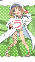 1girl :d ankle_lace-up artist_name bambi2000line bikini brown_hair coat colored_inner_hair commentary diamond-shaped_pupils diamond_(shape) epaulettes full_body green_background green_bikini green_eyes hand_up hat highres long_sleeves looking_at_viewer multicolored_hair oka_asahi onii-chan_wa_oshimai! open_mouth orange_hair peaked_cap polka_dot polka_dot_background salute sandals short_hair simple_background single_bare_leg smile solo swimsuit symbol-shaped_pupils toes translation_request two-tone_hair uneven_eyes white_coat wrist_cuffs