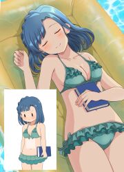 1girl absurdres bikini blue_hair book breasts chibi chibi_inset cleavage closed_eyes collarbone cowboy_shot frown green_bikini highres holding holding_book idolmaster idolmaster_million_live! idolmaster_million_live!_theater_days inflatable_raft lying nanao_yuriko navel on_back revealing_tanlines scowl sleeping smile solid_oval_eyes standing swimsuit tan tanlines v-shaped_eyebrows water yukipo_p