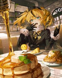 1girl arthropod_girl bee bee_girl black_gloves black_hair black_hat black_jacket blonde_hair blush bug butter cafe cake cake_slice couch drooling fingernail_gloves fingernails food food_focus fork formal_clothes fruit fur-trimmed_collar fur-trimmed_sleeves fur_trim gloves green_eyes hair_between_eyes hand_on_own_face hand_to_own_mouth hands_up hat highres holding holding_fork honey honey_dipper honeycomb_ornament indoors insect insect_girl insect_wings jacket lemon lemon_slice long_sleeves looking_at_food medium_hair menu_board mint mouth_drool multicolored_hair open_mouth original ozaki_domino pancake plate sharp_fingernails short_twintails sitting solo souffle_pancake source_request streaked_hair suit table teeth twintails two_side_up upper_body upper_teeth_only waffle whipped_cream window wings yellow_nails
