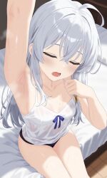 1girl absurdres ahoge arm_up armpit_focus armpits bed black_panties blush breasts camisole closed_eyes collarbone commentary crossed_bangs double-parted_bangs elaina_(majo_no_tabitabi) english_commentary hair_between_eyes hair_tubes highres indoors lewd_chan long_bangs long_hair long_sidelocks majo_no_tabitabi on_bed open_mouth panties sidelocks single_hair_tube sitting solo sweat sweaty_clothes underwear very_sweaty wet wet_clothes white_camisole white_hair yawning