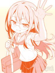 1girl arm_up bag genroku glasses grin highres long_hair looking_at_viewer monochrome original pleated_skirt sailor_collar school_uniform serafuku shirt short_sleeves skirt smile solo waving