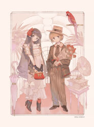 2025 2girls alternate_costume artist_name bag bird black_hair black_necktie black_shoes black_suit bouquet brown_hair cardcaptor_sakura clothing_request commentary daidouji_tomoyo dated dress flower formal_clothes frilled_dress frills green_eyes hat holding holding_bag holding_bouquet indoors kinomoto_sakura looking_at_viewer macaw multiple_girls necktie parrot phonograph red-and-green_macaw red_socks ririfa shoes short_hair socks suit symbol-only_commentary umbrella white_dress