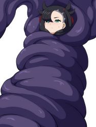 1girl asymmetrical_bangs asymmetrical_hair black_hair bound closed_mouth coiled creatures_(company) earrings eyelashes game_freak green_eyes highres jewelry looking_at_viewer marnie_(pokemon) nintendo okura_(okra_sticky) pokemon pokemon_swsh purple_tentacles restrained short_hair simple_background slime sweat sweatdrop tentacles white_background