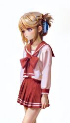Rule 34 | 1girl, absurdres, brown hair, commission, highres, komaki manaka, pixiv commission, pleated skirt, purple eyes, red ribbon, red sailor collar, red skirt, ribbon, sailor collar, school uniform, simple background, skirt, solo, sweetonedollar, to heart (series), to heart 2, white background