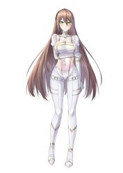 1girl absurdres adele_(fate) alternate_costume blush bodysuit boots breasts brown_hair commentary commission english_commentary fate/grand_order fate_(series) frown full_body gloves gold_trim green_eyes hair_between_eyes hair_ornament highres large_breasts long_hair long_sleeves midriff navel simple_background skin_tight solo standing suprii thigh_strap very_long_hair white_background white_bodysuit white_boots white_gloves