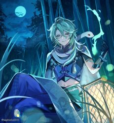 1boy animal animal_around_neck baizhu_(genshin_impact) bamboo bead_bracelet beads black_gloves blue_pants blue_shirt bracelet cape changsheng_(genshin_impact) closed_mouth cloud crop_top cropped_shirt crossed_legs feet_out_of_frame full_moon genshin_impact glasses gloves grass green_hair green_sash hair_between_eyes hand_up highres jewelry kukatsuma lantern lens_flare long_hair looking_at_viewer male_focus midriff moon night on_rock outdoors pants rock sash scroll shirt short_sleeves sitting smile snake solo spirit tassel tree white_cape white_snake yellow_eyes