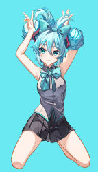 1girl absurdres aqua_eyes aqua_hair blue_eyes bow breasts double_bun full_body fuwa_fuwa_cinnamoroll hair_bun hatsune_miku highres kneeling looking_at_viewer medium_breasts sanrio shirt simple_background skirt smile solo vocaloid zuiai_gongzhu_dianxia