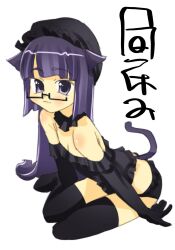Rule 34 | 1girl, animal ears, black bonnet, black choker, black gloves, black panties, black thighhighs, bonnet, breasts, cat ears, cat girl, cat tail, choker, cleavage, elbow gloves, flat chest, frilled bonnet, frills, glasses, gloves, highres, leaning forward, long hair, original, panties, purple eyes, purple hair, semi-rimless eyewear, simple background, sitting, solo, tail, thighhighs, underwear, veloexotica, white background, yokozuwari