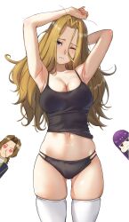 1boy 2girls aroused_nosebleed black_panties black_tank_top black_thighhighs blonde_hair breasts brown_hair cleavage fern_(sousou_no_frieren) hair_between_eyes heart heart-shaped_eyes highres large_breasts long_hair long_hair_between_eyes methode_(sousou_no_frieren) multiple_girls navel nosebleed one_eye_closed panties pout purple_eyes purple_hair sein_(sousou_no_frieren) sousou_no_frieren stretching tank_top thighhighs underwear white_background yami_anko