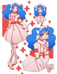 1girl alternate_costume bare_shoulders blue_eyes blue_hair boots commentary cross doll dress elbow_gloves english_commentary gloves green_eyes gwen_(league_of_legends) hat heterochromia highres holding holding_syringe league_of_legends long_hair multiple_views nurse nurse_cap pantyhose shoes striped_clothes striped_pantyhose syringe twintails uwuhelia white_background white_gloves