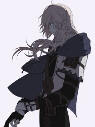 1boy adjusting_clothes belt belt_pouch black_gloves black_pants blonde_hair blue_cape braid cape chest_strap closed_mouth cowboy_shot floating_hair from_side gloves grey_eyes highres layered_sleeves loiscneach_(mabinogi) long_hair long_sleeves looking_ahead mabinogi male_focus open_clothes open_shirt pants parted_bangs partially_fingerless_gloves pouch profile ray_(lthenray) short_over_long_sleeves short_sleeves side_braid simple_background solo standing white_background