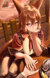 absurdres animal_ears bed blue_archive bocchi_(kuropom7) brown_hair brown_pantyhose comiket_105 commentary_request crossed_bangs food fox_ears fruit halo heart heart-shaped_pupils highres holding_hands lemon oyster pantyhose pov pov_hands purple_eyes red_halo rumi_(blue_archive) smile symbol-shaped_pupils