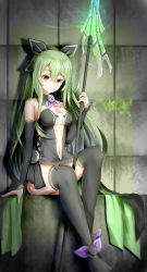 1girl absurdres bare_shoulders black_thighhighs blush breasts cleavage clothing_cutout commentary_request detached_collar detached_sleeves dress energy female_focus green_hair hair_between_eyes hair_ribbon hakozaki_chika highres holding holding_polearm holding_spear holding_weapon karv long_hair looking_at_viewer medium_breasts navel_cutout neptune_(series) polearm ponytail red_eyes ribbon sitting smile solo spear thighhighs very_long_hair weapon