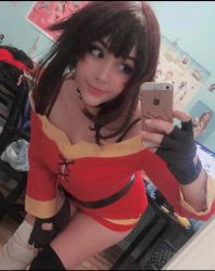 Rule 34 | 1girl, bent over, bra strap, breasts, brown hair, cellphone, choker, cleavage, cosplay, dress, female focus, gloves, highres, junkenstein, kono subarashii sekai ni shukufuku wo!, megumin, megumin (cosplay), non-asian, phone, photo (medium), smartphone, smile, solo, thighhighs