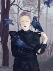 1girl aisuigetsu bare_tree bird black_dress blue_eyes brown_hair closed_mouth commentary crow dress earrings english_commentary forest highres jewelry k-pop looking_at_viewer nature outdoors real_life red_lips red_velvet_(group) seulgi_(red_velvet) signature solo tree