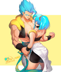 Rule 34 | 1boy, 1girl, abs, ass, bike shorts, black choker, black tube top, black vest, blue eyes, blue hair, breasts, bulchi, choker, closed mouth, collarbone, dragon ball, dragon ball super, dragonball z, eye contact, eyelashes, face-to-face, fingernails, gogeta, hair between eyes, height difference, high ponytail, holding hands, large breasts, looking at another, looking down, median furrow, metamoran vest, muscular, muscular male, ommmyoh, pants, parted lips, pectorals, ponytail, profile, sidelocks, single bang, size difference, skindentation, smile, spiked hair, strapless, striped background, super saiyan, super saiyan blue, thick thighs, thighs, tube top, two-tone background, vest, waist cape, white background, white pants, wrist wrap, wristband, yellow background