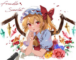 1girl ascot blonde_hair character_name english_text engrish_text falling_petals flandre_scarlet flower frills hat hat_ribbon heart highres ibushi_roun looking_at_viewer mob_cap petals puffy_short_sleeves puffy_sleeves ranguage red_eyes red_flower red_ribbon red_rose ribbon rose short_sleeves side_ponytail simple_background tongue tongue_out touhou upper_body white_background yellow_ascot