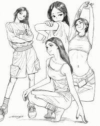 Rule 34 | 1girl, bare shoulders, blush, breasts, crossed arms, greyscale, highres, long hair, looking at viewer, monochrome, multiple views, musa (musa draws), navel, original, shoes, smile, sneakers, standing, stretching, sweat