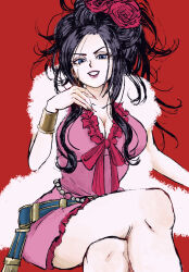 1girl absurdres belt black_hair blue_eyes bow bracelet breasts cleavage commentary_request crossed_legs deborah_(dq5) dragon_quest dragon_quest_v dress feather_boa fingernails flower gold_bracelet grin hair_flower hair_ornament highres invisible_chair jewelry karumoimoi large_breasts long_fingernails looking_at_viewer mole mole_under_eye pink_bow pink_dress pink_lips red_background red_flower red_nails red_rose rose sitting smile solo updo
