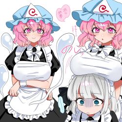 Rule 34 | 2girls, alternate costume, apron, arms under breasts, black dress, blue hat, blush, bow, bowtie, breast rest, breasts, breasts on head, closed mouth, commentary request, crossed arms, dress, enmaided, green eyes, grey hair, hat, highres, hitodama, huge breasts, konpaku youmu, looking at viewer, maid, maid apron, maid headdress, medium hair, mob cap, multiple girls, open mouth, oya (pixiv 102980809), pink eyes, pink hair, puffy short sleeves, puffy sleeves, saigyouji yuyuko, short sleeves, smile, speech bubble, touhou, translation request, triangular headpiece, white apron, white bow, white bowtie, wrist cuffs