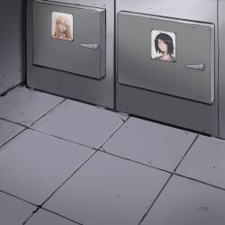 absurdres black_hair blonde_hair blue_eyes commission door grin harris_hero highres no_humans original photo_(object) second-party_source smile variant_set