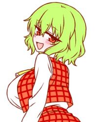 1girl blush breasts from_behind green_hair kazami_yuuka ketsumaimo large_breasts long_sleeves lowres plaid_clothes plaid_skirt plaid_vest red_eyes shirt short_hair simple_background skirt smile smug solo touhou vest white_background