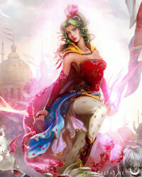 Rule 34 | 1girl, blue eyes, boots, breasts, cape, cefca palazzo, cleavage, closed mouth, commentary, crystal fae, detached sleeves, dress, english commentary, final fantasy, final fantasy vi, gold trim, green hair, hair ribbon, highres, holding, holding sword, holding weapon, long hair, medium breasts, mog, moogle, nail polish, pantyhose, parted bangs, pink ribbon, ponytail, red boots, red dress, red sleeves, ribbon, sash, solo, strapless, strapless dress, sword, tina branford, tube dress, umaro, waist sash, watermark, wavy hair, weapon, web address, yellow cape