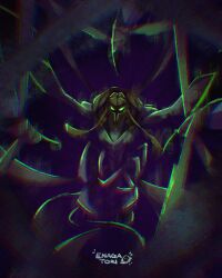 Rule 34 | 2boys, absurdres, bandages, ben 10, chromatic aberration, dark, enagatori 38, glowing, glowing eyes, green eyes, highres, looking at viewer, male focus, missing commentary, multiple boys, mummy, no humans, outstretched arms, pov, signature, snare-oh, solo, tentacles, zs&#039;skayr