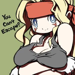 Rule 34 | 1girl, alex (street fighter), arms under breasts, bare shoulders, beeru (veil8801), blonde hair, blue eyes, breasts, bright pupils, capcom fighting jam, cleavage, closed mouth, collarbone, genderswap, genderswap (mtf), gloves, green background, headband, highres, large breasts, long hair, midnight bliss, red headband, simple background, smile, solo, street fighter, white gloves, white pupils