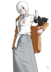1girl black_eyes breasts chanfinger clenched_hand closed_mouth collared_shirt commentary cowboy_shot creature_on_arm grey_necktie grey_skirt hair_over_one_eye highres indonesian_high_school_uniform jacket long_skirt long_sleeves looking_at_viewer medium_breasts medium_hair mole mole_under_mouth necktie one_eye_covered open_clothes open_jacket orange_jacket original school_uniform shirt simple_background single_off_shoulder skirt solo standing symbol-only_commentary white_background white_hair white_shirt wolf_cut