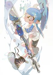 1girl absurdres acuteghost black_boots black_shorts blue_hair blue_hairband blunt_bangs boots closed_mouth commentary_request e-liter_4k_(splatoon) expressionless fake_horns full_body hairband highres holding holding_weapon horn_hairband horns inkling inkling_girl inkling_player_character jewel_under_eye long_hair looking_at_viewer nintendo pink_eyes pointy_ears print_shirt shirt short_sleeves shorts smiley_print solo splatoon_(series) t-shirt tentacle_hair weapon white_shirt