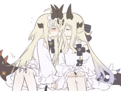 2girls aged_down arknights black_horns black_ribbon black_tail blush closed_eyes clothing_cutout dragon_girl dragon_horns dragon_tail dress gradient_hair hair_over_one_eye hair_ribbon highres horns imminent_kiss incest isikishoku_akn long_hair long_sleeves multicolored_hair multiple_girls multiple_horns necrass_(arknights) pantyhose puffy_long_sleeves puffy_sleeves reed_(arknights) ribbon siblings sisters sitting tail white_dress white_pantyhose white_ribbon yuri